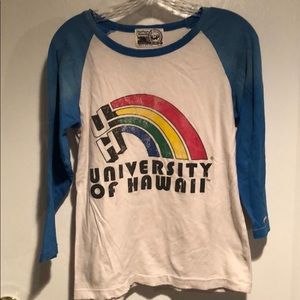 Chip & Pepper White Tee with Blue Raglan Sleeves and Multicolor Rainbow Graphic